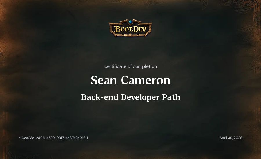 Sean Cameron's Boot.dev Backend Developer Path certificate