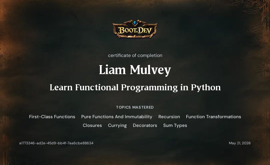 Liam Mulvey's Boot.dev Learn Functional Programming in Python certificate