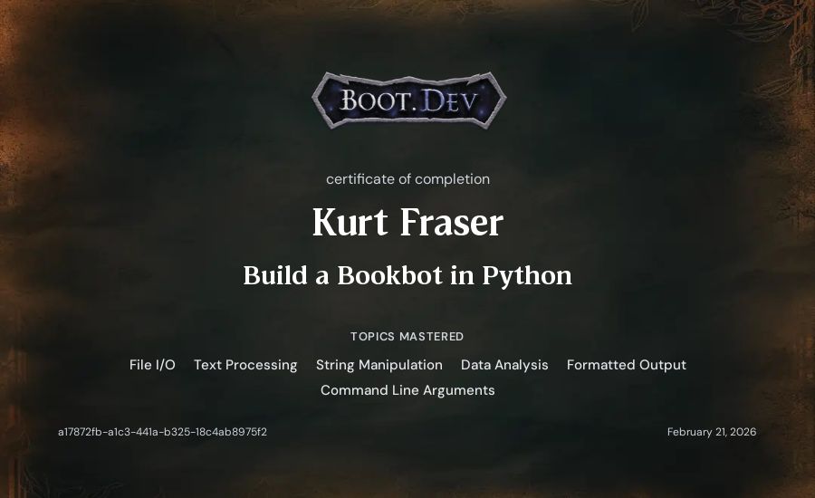 Kurt Fraser's Boot.dev Build a BookBot in Python certificate