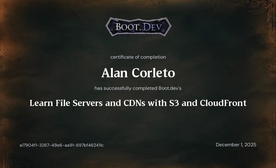 Alan Corleto's Boot.dev Learn File Servers and CDNs with S3 and CloudFront certificate