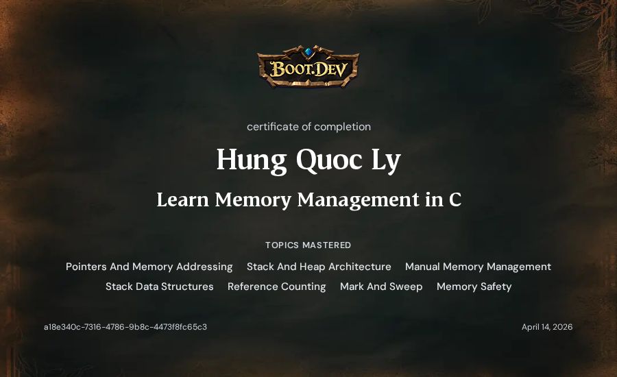Hung Quoc Ly's Boot.dev Learn Memory Management in C certificate