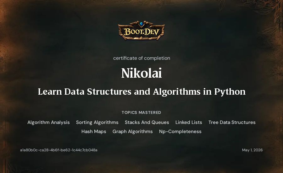 Nikolai's Boot.dev Learn Data Structures and Algorithms in Python certificate