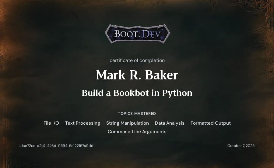 Mark R. Baker's Boot.dev Build a BookBot in Python certificate