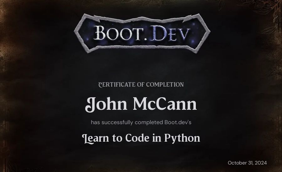 John McCann's Boot.dev Introduction to Python Course certificate