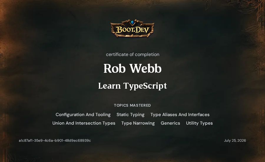 Rob Webb's Boot.dev Learn TypeScript certificate