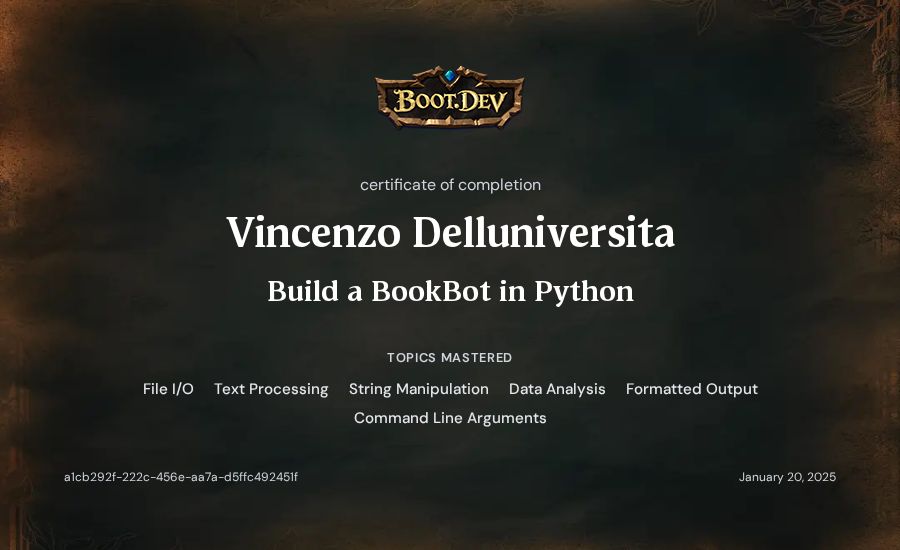 Vincenzo Delluniversita's Boot.dev Build a BookBot in Python certificate