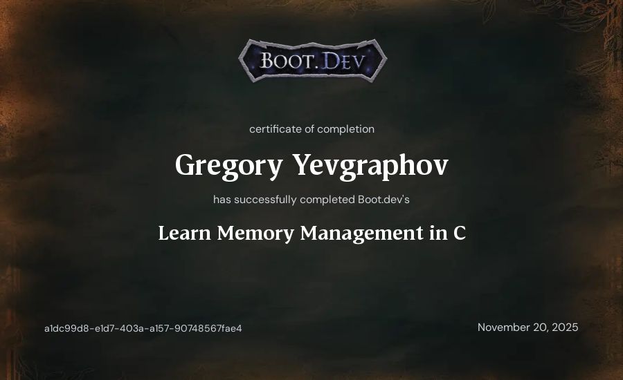 Gregory Yevgraphov's Boot.dev Learn Memory Management in C certificate