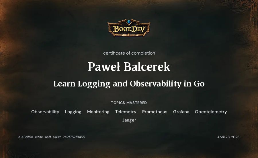 Paweł Balcerek's Boot.dev Learn Logging and Observability in Go certificate