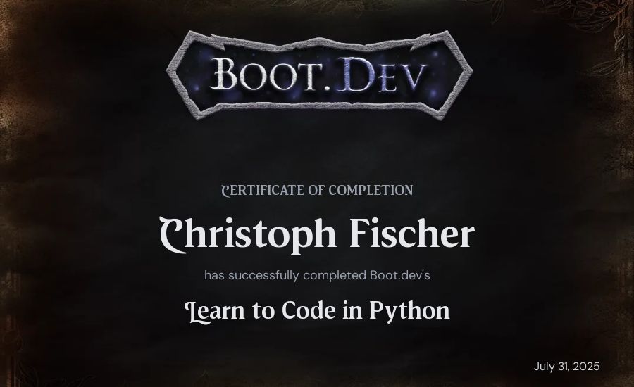 Christoph Fischer's Boot.dev Introduction to Python Course certificate