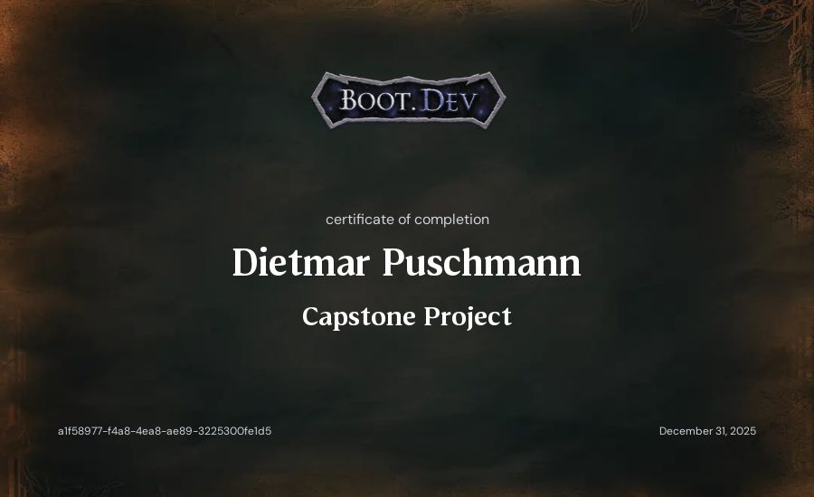 Dietmar Puschmann's Boot.dev Capstone Project certificate
