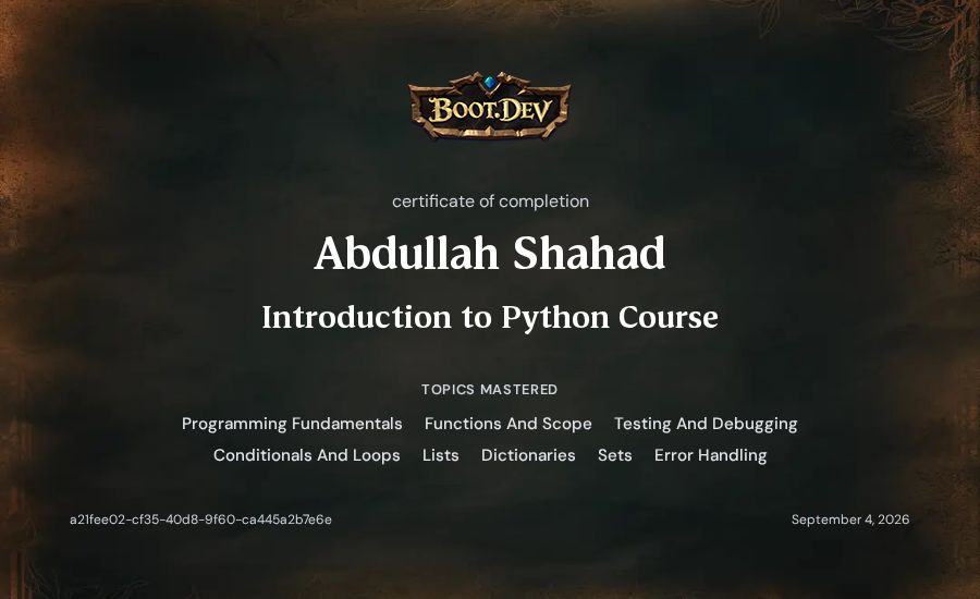 Abdullah Shahad's Boot.dev Introduction to Python Course certificate