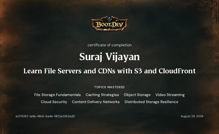 Suraj Vijayan's Boot.dev Learn File Servers and CDNs with S3 and CloudFront certificate