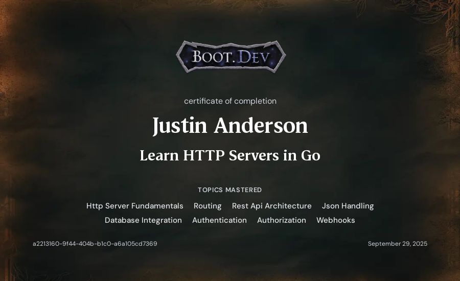 Justin Anderson's Boot.dev Learn HTTP Servers in Go certificate