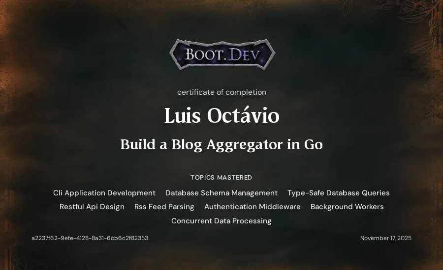 Luis Octávio's Boot.dev Build a Blog Aggregator in Go certificate