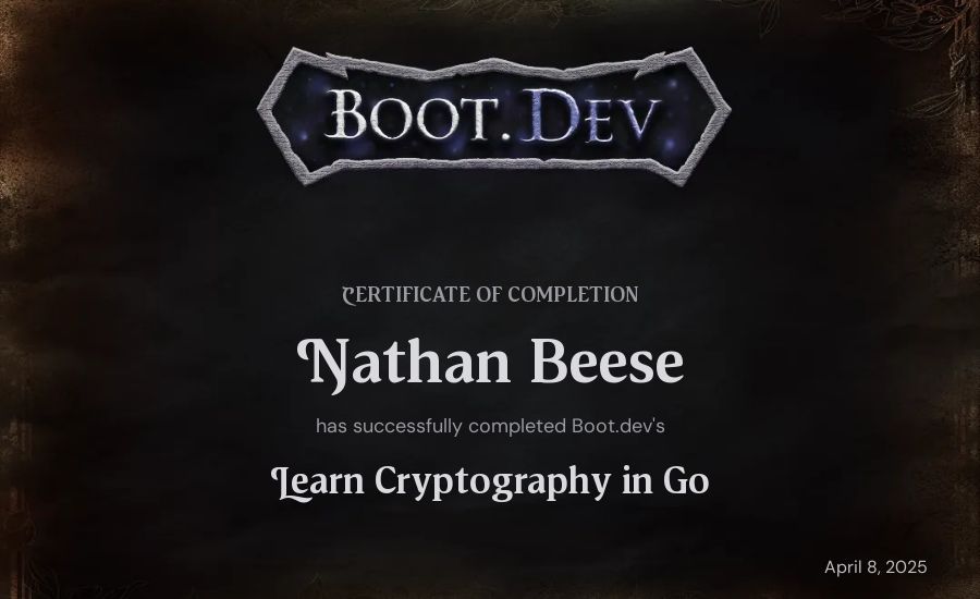 Nathan Beese's Boot.dev Learn Cryptography in Go certificate