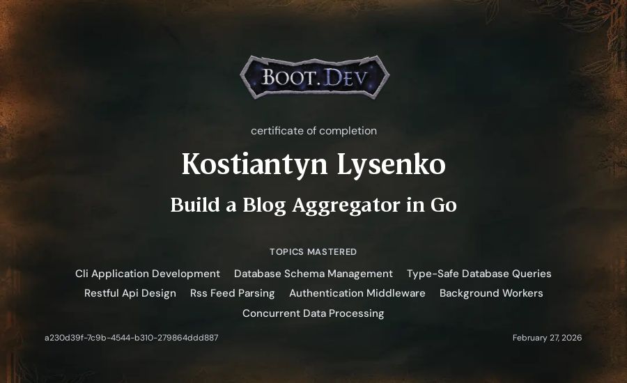 Kostiantyn Lysenko's Boot.dev Build a Blog Aggregator in Go certificate