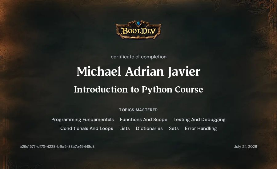 Michael Adrian Javier's Boot.dev Introduction to Python Course certificate