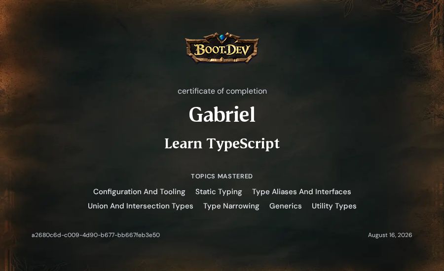 Gabriel's Boot.dev Learn TypeScript certificate