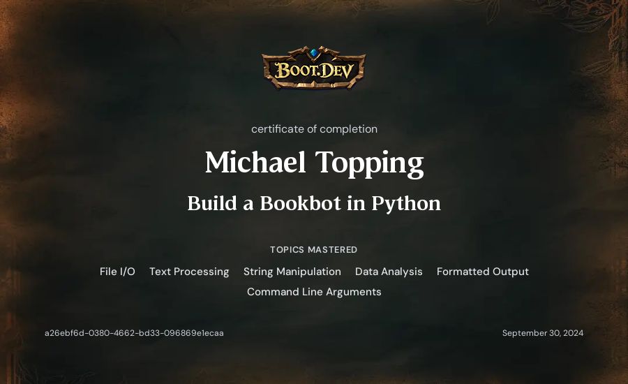 Michael Topping's Boot.dev Build a BookBot in Python certificate