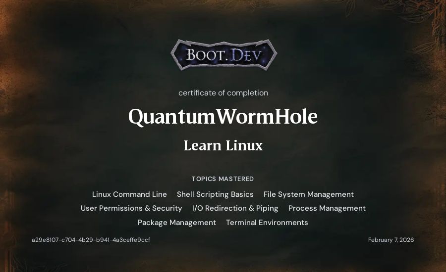 QuantumWormHole's Boot.dev Learn Linux certificate