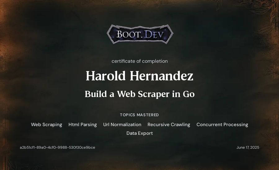 Harold Hernandez's Boot.dev Build a Web Scraper in Go certificate