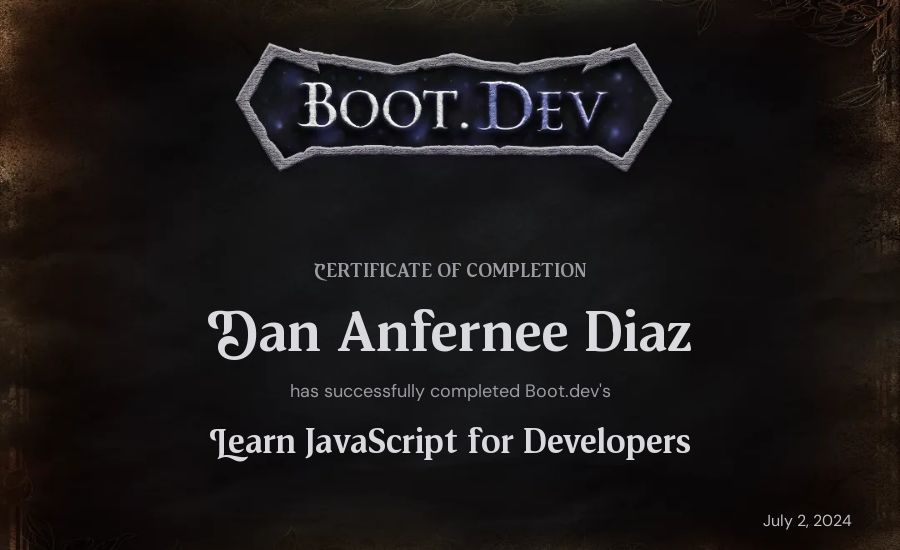 Dan Anfernee Diaz's Boot.dev Learn JavaScript certificate