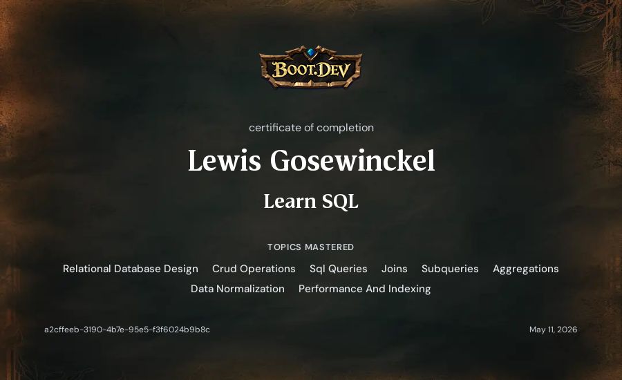 Lewis Gosewinckel's Boot.dev Learn SQL certificate