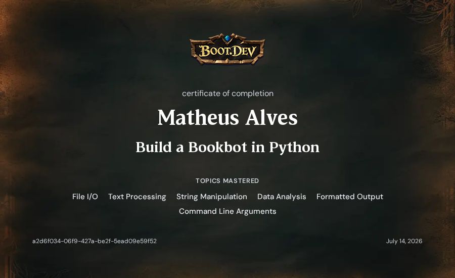 Matheus Alves's Boot.dev Build a BookBot in Python certificate