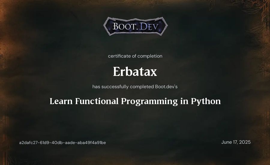 Erbatax's Boot.dev Learn Functional Programming in Python certificate