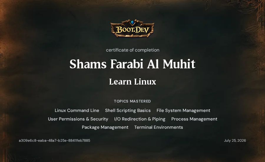 Shams Farabi's Boot.dev Learn Linux certificate