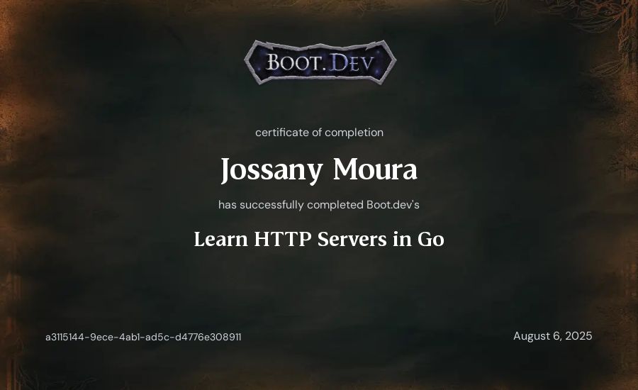 Jossany Moura's Boot.dev Learn HTTP Servers in Go certificate