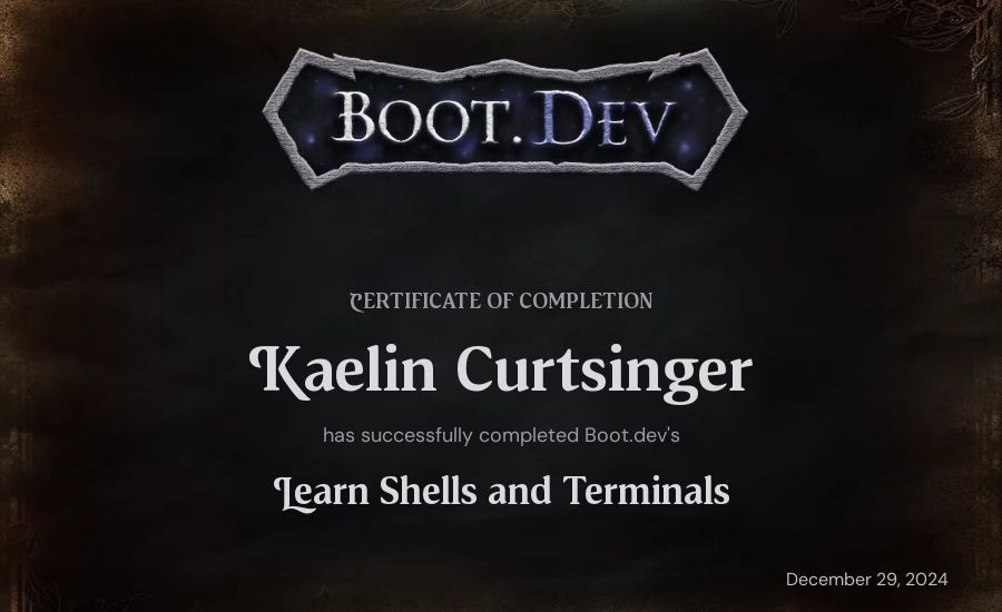 Kaelin Curtsinger's Boot.dev Learn Linux certificate