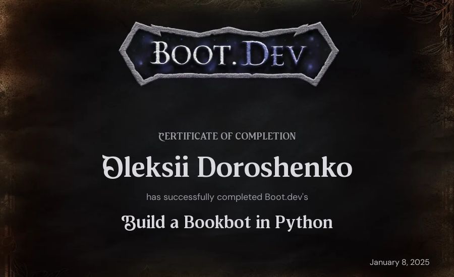 Oleksii Doroshenko's Boot.dev Build a BookBot in Python certificate