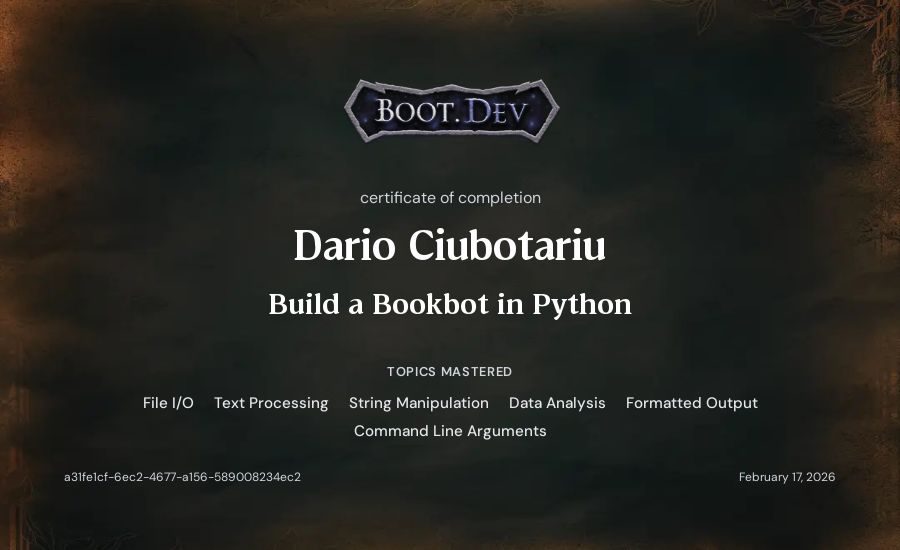 Dario Ciubotariu's Boot.dev Build a BookBot in Python certificate