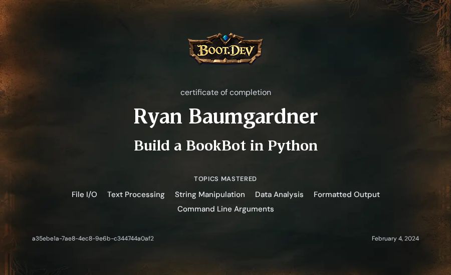 Ryan Baumgardner's Boot.dev Build a BookBot in Python certificate