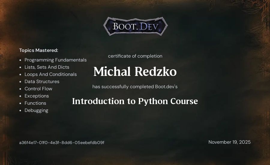 Michal Redzko's Boot.dev Introduction to Python Course certificate