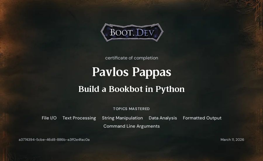 Pavlos Pappas's Boot.dev Build a BookBot in Python certificate