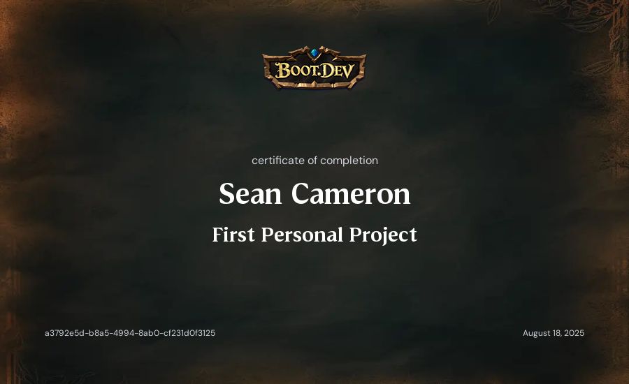 Sean Cameron's Boot.dev First Personal Project certificate
