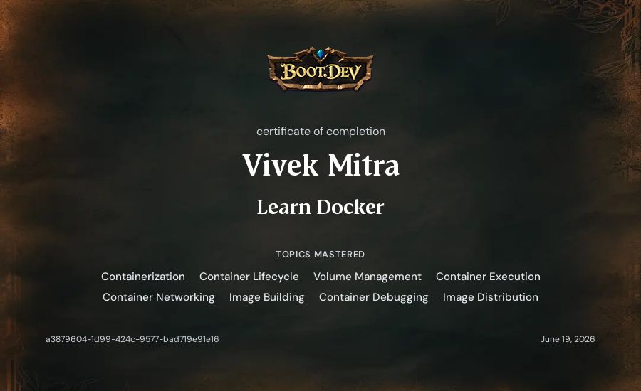 Vivek Mitra's Boot.dev Learn Docker certificate