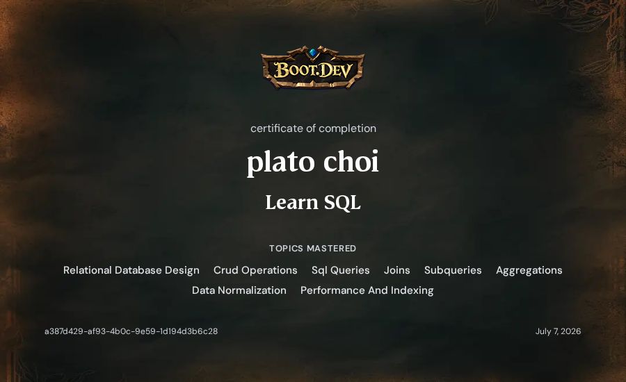 plato choi's Boot.dev Learn SQL certificate