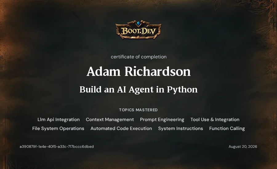 Adam Richardson's Boot.dev Build an AI Agent in Python certificate