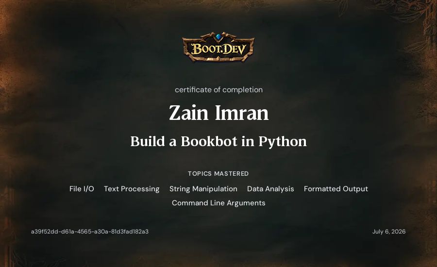 Zain Imran's Boot.dev Build a BookBot in Python certificate
