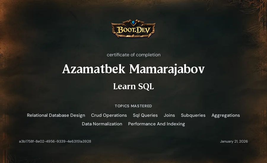 Azamatbek Mamarajabov's Boot.dev Learn SQL certificate
