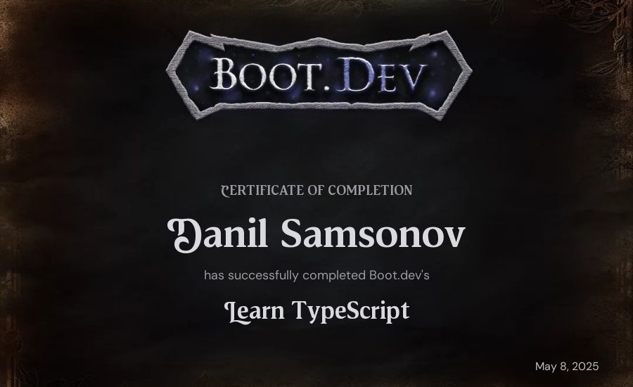 Danil Samsonov's Boot.dev Learn TypeScript certificate
