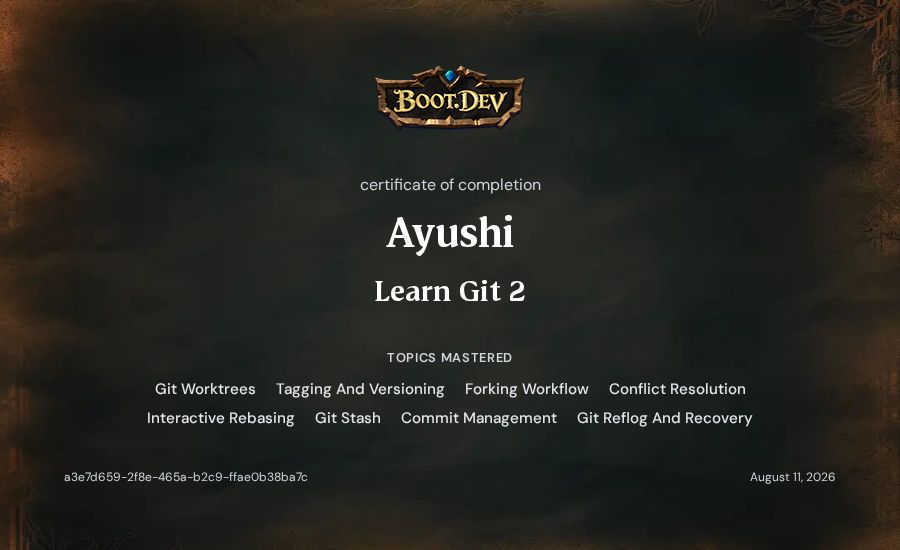 Ayushi's Boot.dev Learn Git 2 certificate