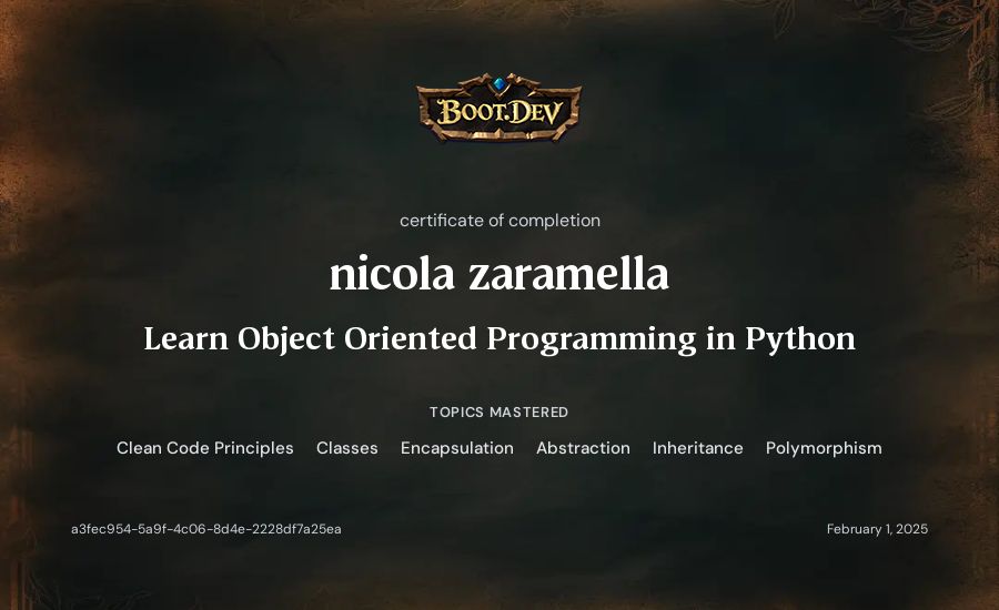 nicola zaramella's Boot.dev Learn Object Oriented Programming in Python certificate