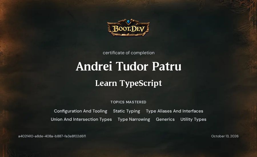 Andrei Tudor Patru's Boot.dev Learn TypeScript certificate
