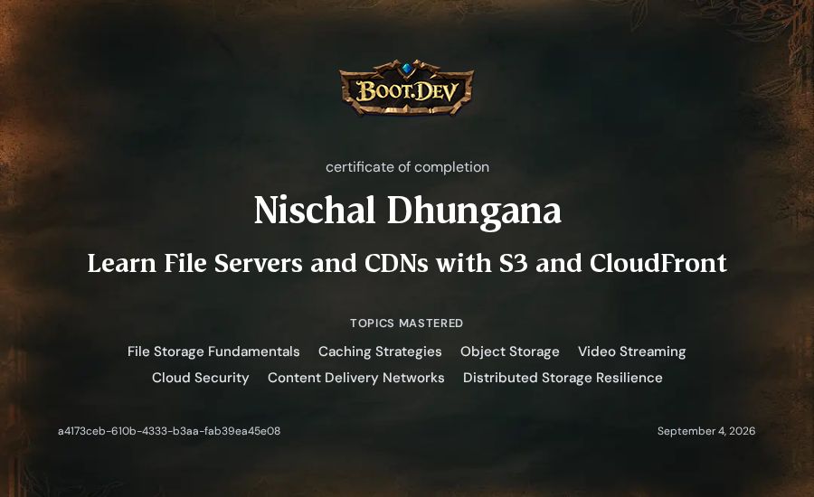 Nischal Dhungana's Boot.dev Learn File Servers and CDNs with S3 and CloudFront certificate