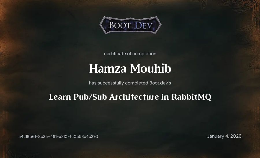 Hamza Mouhib's Boot.dev Learn Pub/Sub in RabbitMQ and Go certificate