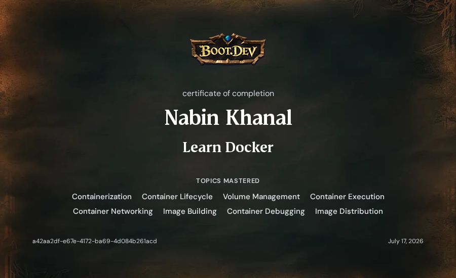Nabin Khanal's Boot.dev Learn Docker certificate